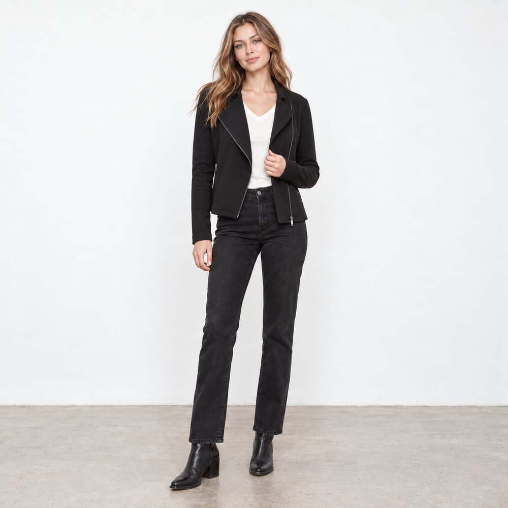 NWT Saint + Sofia Black Cotton Biker Jacket Organic Cotton Asymmetrical Zip Moto